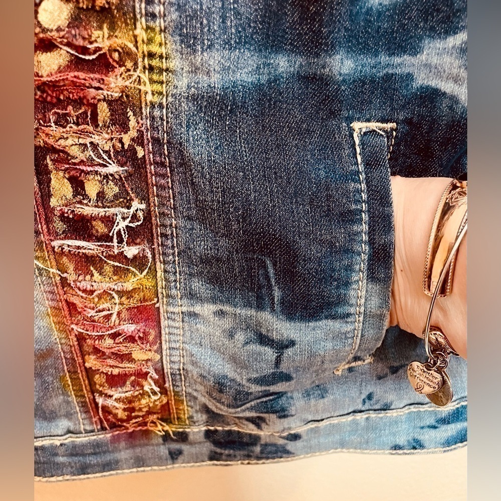 🎨 AIRBRUSHED GLITTER DECORATED ART Earl Jean Vest XL Boho Possibly Upcycled 90s - Picture 8 of 16